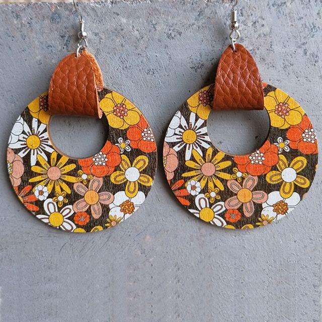 Beautiful Retro Wood and Leather Circle Hoop Earrings